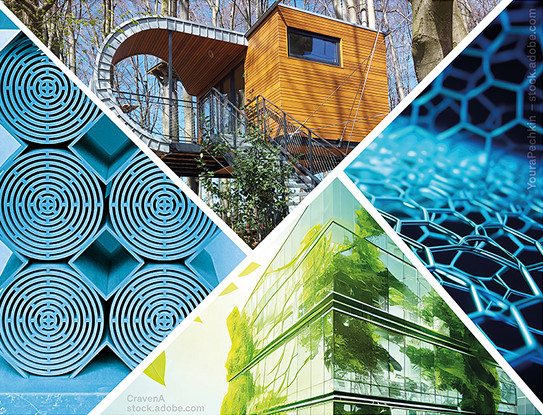 Collage of 4 pictures: A sound barrier structure for acoustic applications, a building with trees as load-bearing structures, a metamaterial and a modern building